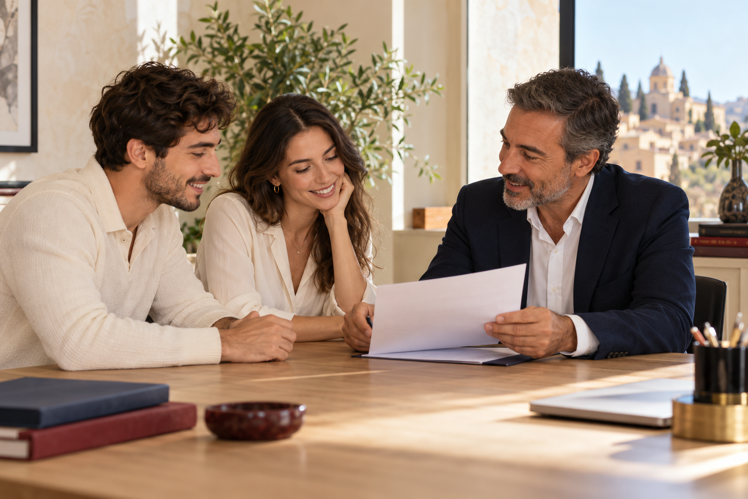Scena illustrativa di un consulente che ascolta due persone durante un incontro